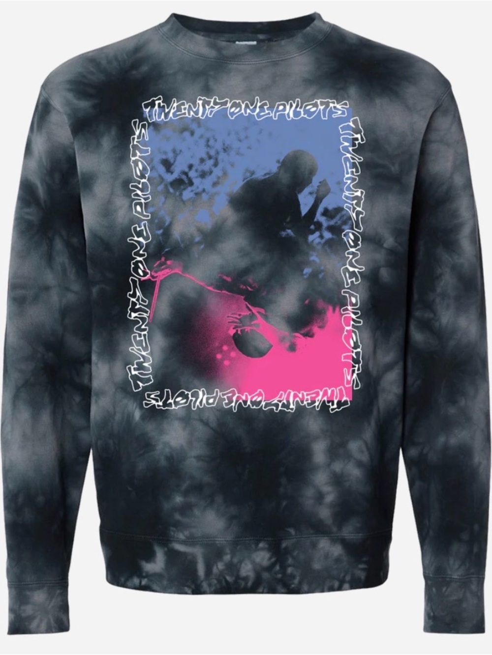 NWT Twenty One Pilots Black Tie-Dye Crewneck with Blue and Pink Graphic
